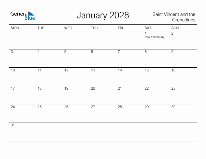 Printable January 2028 Calendar for Saint Vincent and the Grenadines