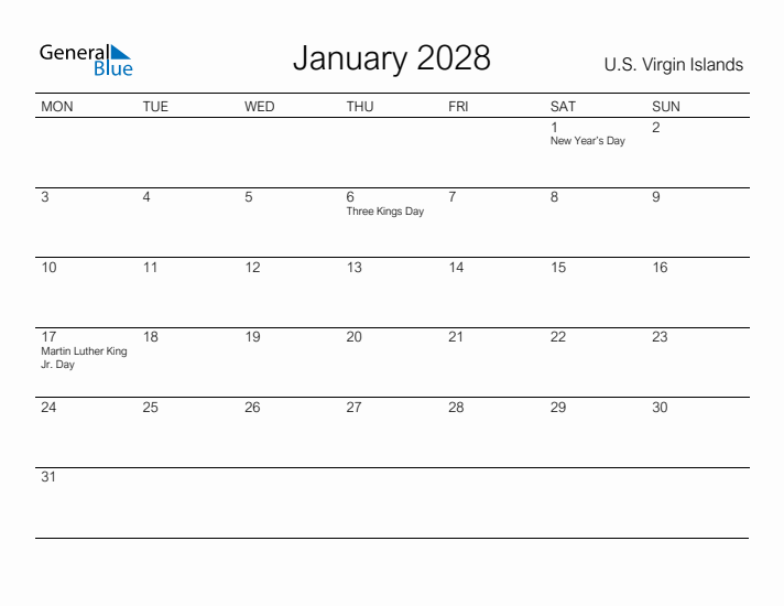 Printable January 2028 Calendar for U.S. Virgin Islands