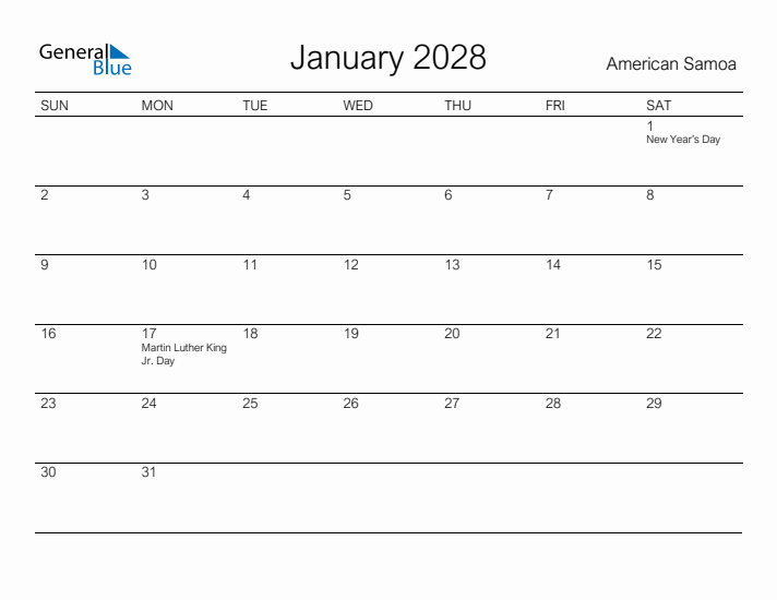Printable January 2028 Calendar for American Samoa
