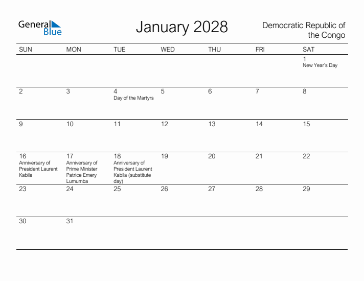 Printable January 2028 Calendar for Democratic Republic of the Congo