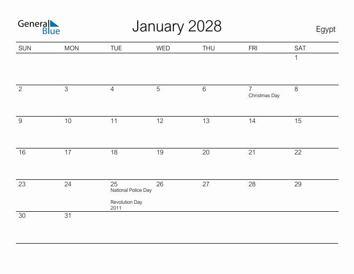 Printable January 2028 Calendar for Egypt