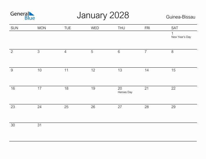 Printable January 2028 Calendar for Guinea-Bissau