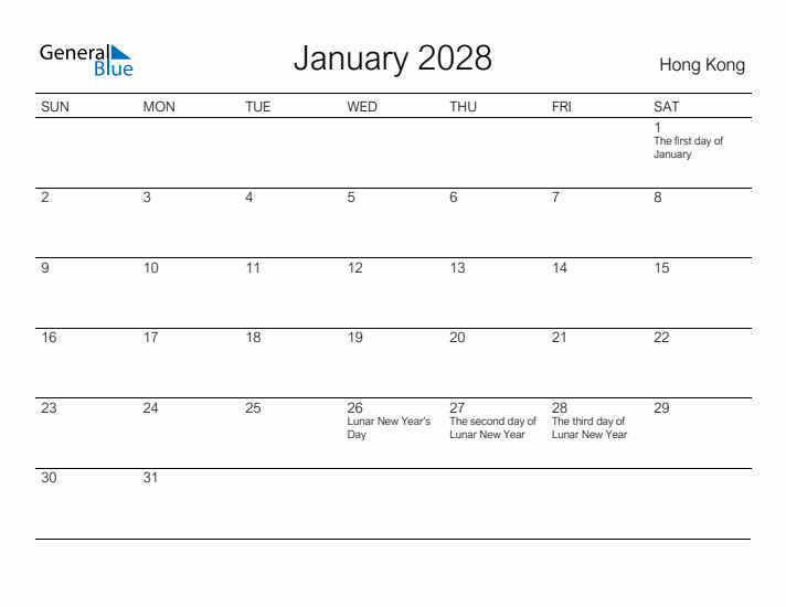 Printable January 2028 Calendar for Hong Kong