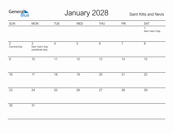 Printable January 2028 Calendar for Saint Kitts and Nevis