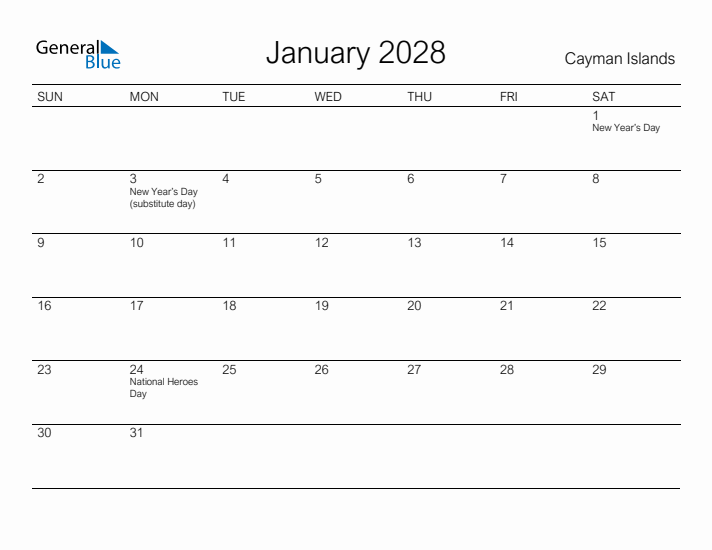 Printable January 2028 Calendar for Cayman Islands