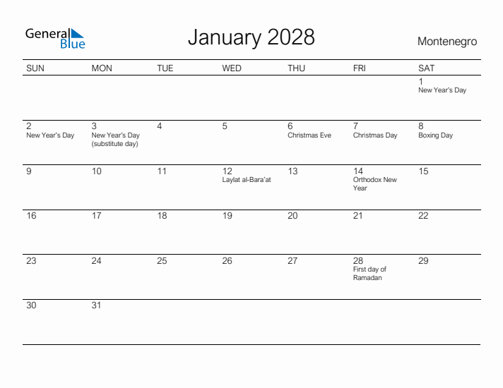 Printable January 2028 Calendar for Montenegro