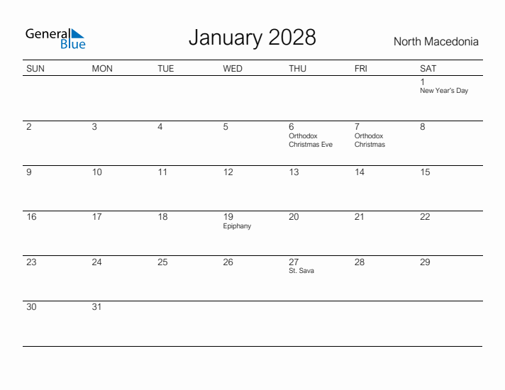 Printable January 2028 Calendar for North Macedonia