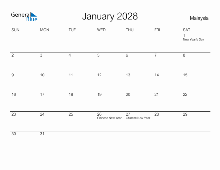 Printable January 2028 Calendar for Malaysia