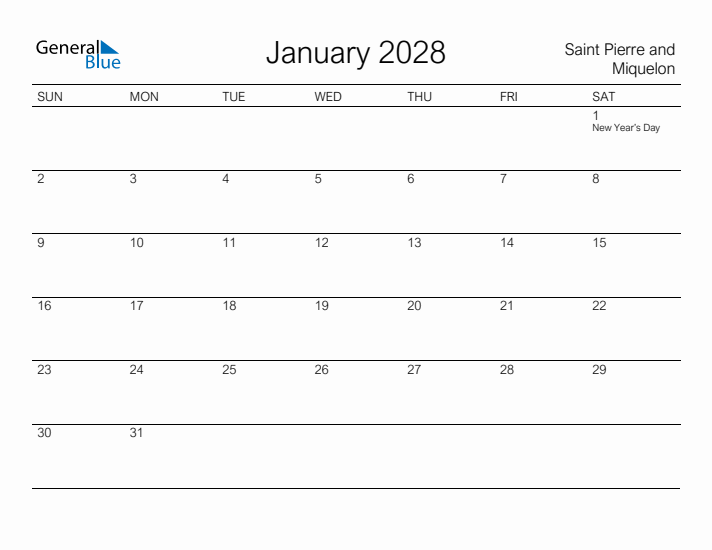 Printable January 2028 Calendar for Saint Pierre and Miquelon