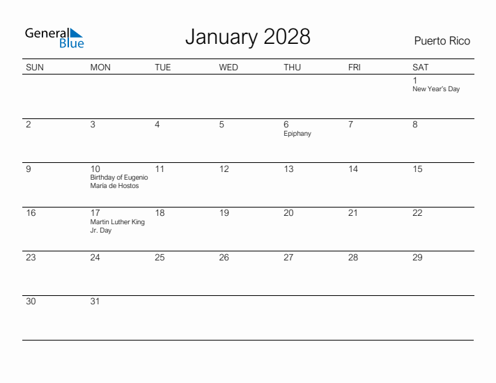 Printable January 2028 Calendar for Puerto Rico