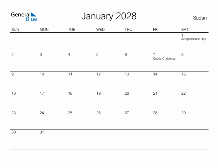 Printable January 2028 Calendar for Sudan