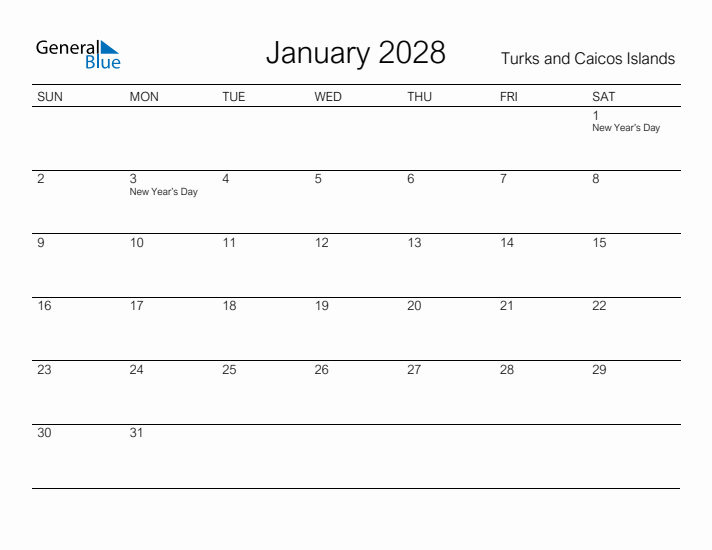 Printable January 2028 Calendar for Turks and Caicos Islands