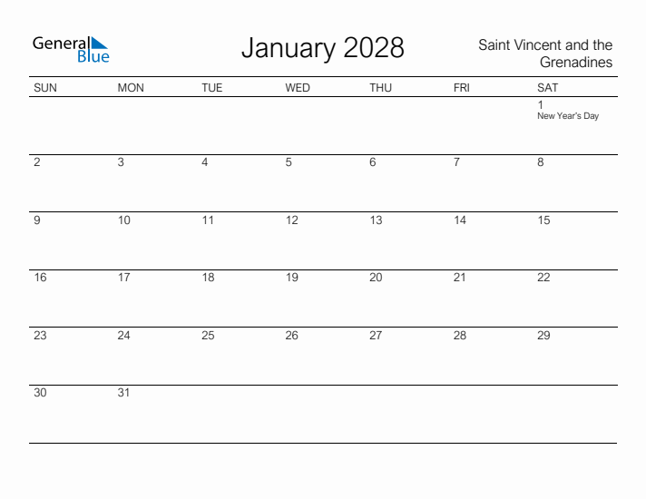 Printable January 2028 Calendar for Saint Vincent and the Grenadines