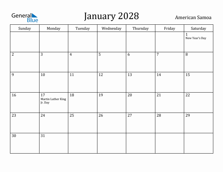 January 2028 Calendar American Samoa