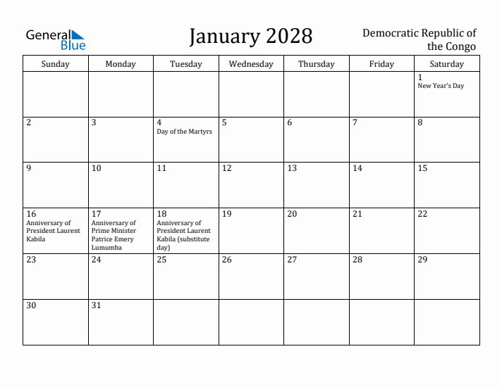 January 2028 Calendar Democratic Republic of the Congo