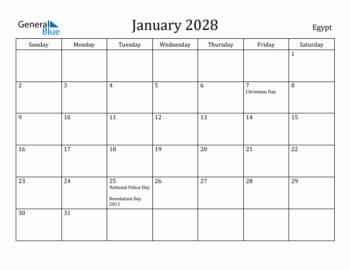 January 2028 Calendar Egypt