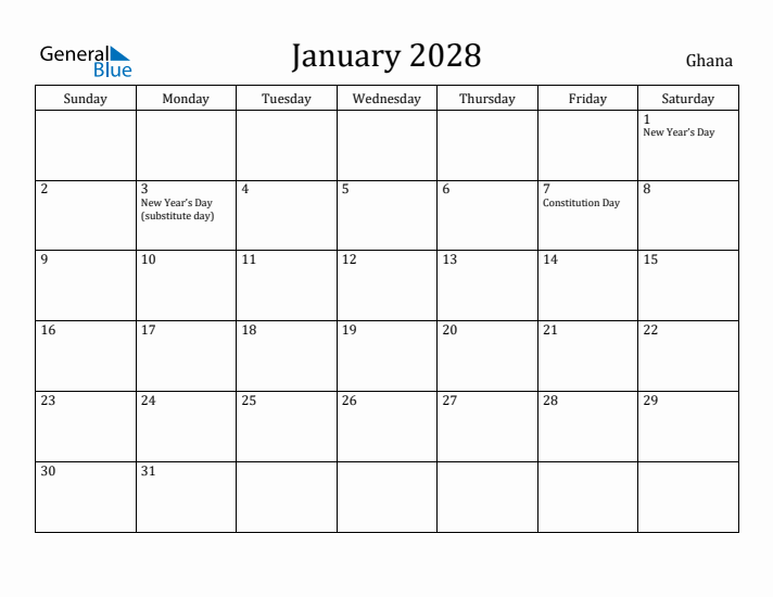 January 2028 Calendar Ghana
