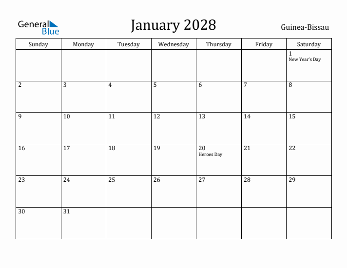 January 2028 Calendar Guinea-Bissau