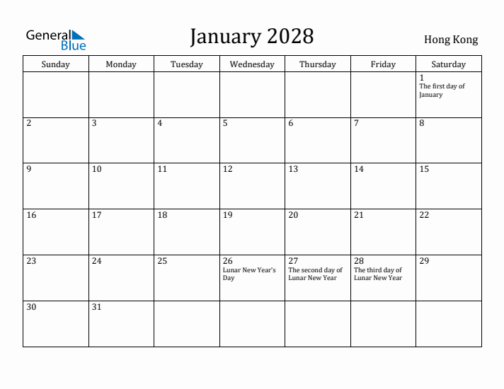 January 2028 Calendar Hong Kong