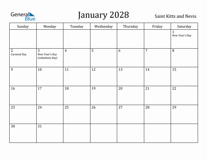 January 2028 Calendar Saint Kitts and Nevis