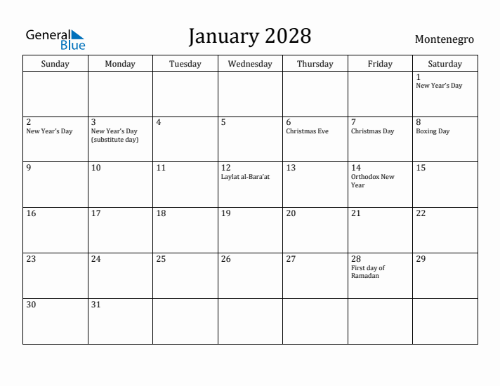 January 2028 Calendar Montenegro