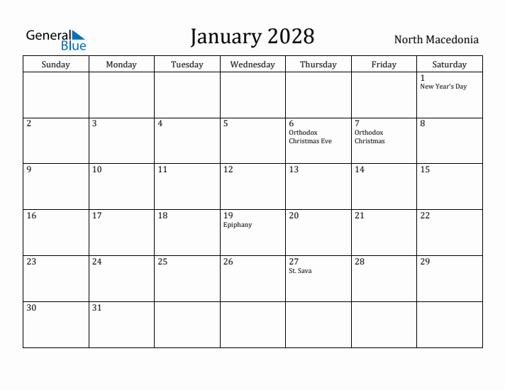 January 2028 Calendar North Macedonia