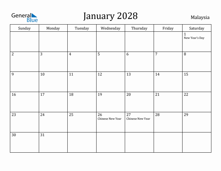January 2028 Calendar Malaysia