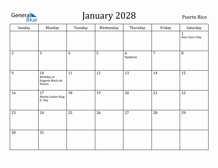 January 2028 Calendar Puerto Rico