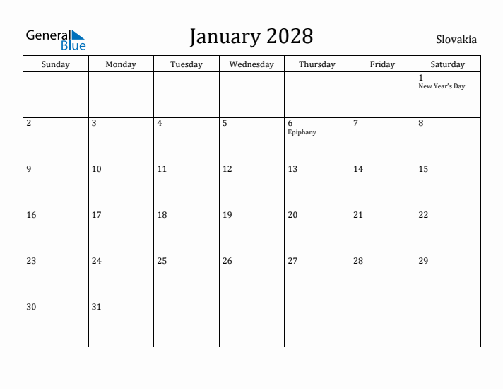 January 2028 Calendar Slovakia