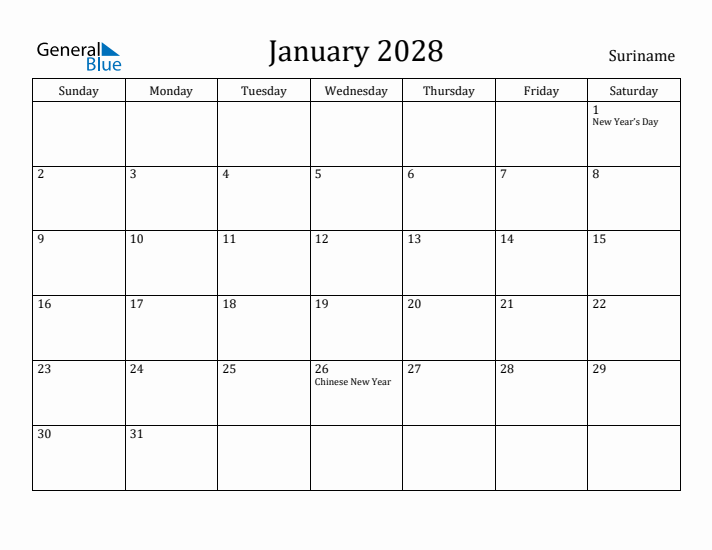 January 2028 Calendar Suriname