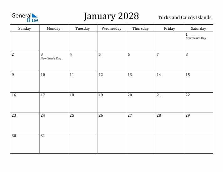 January 2028 Calendar Turks and Caicos Islands