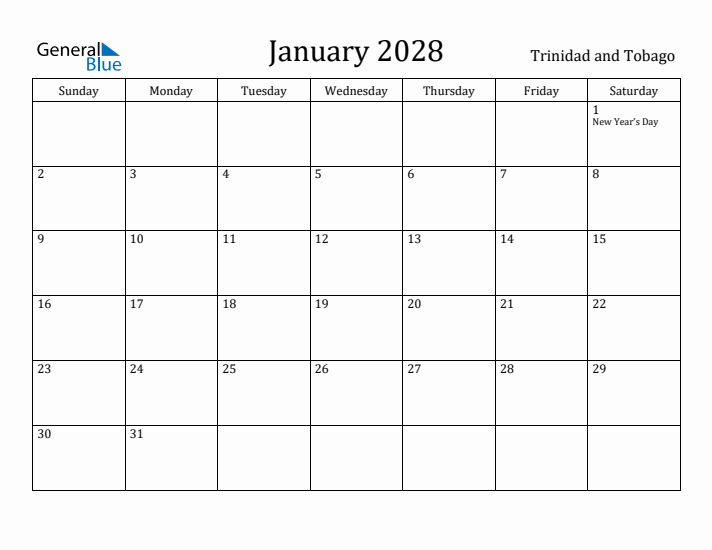 January 2028 Calendar Trinidad and Tobago