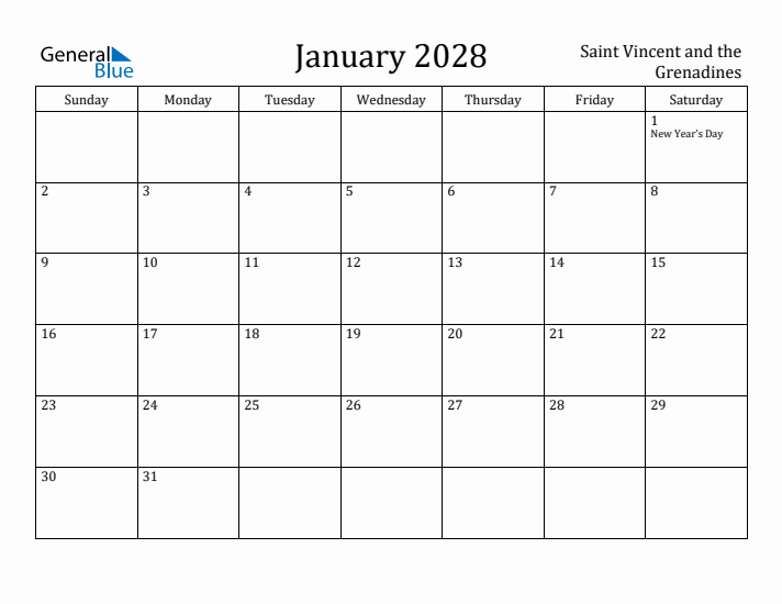 January 2028 Calendar Saint Vincent and the Grenadines