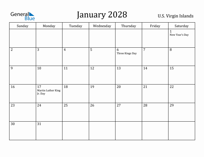 January 2028 Calendar U.S. Virgin Islands