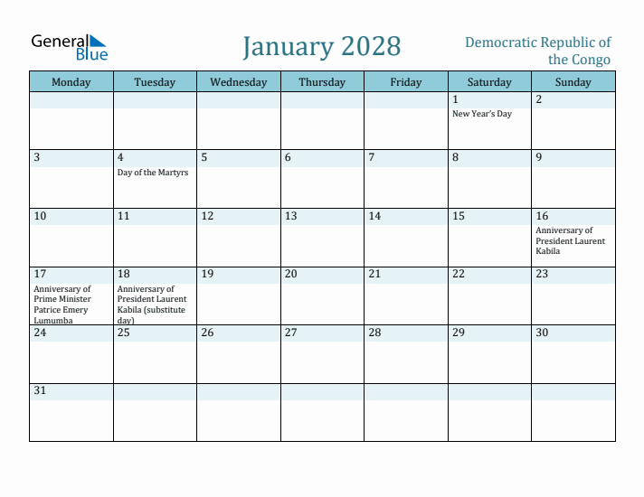 January 2028 Calendar with Holidays
