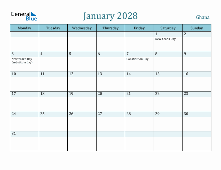 January 2028 Calendar with Holidays