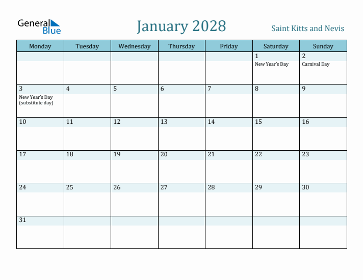 January 2028 Calendar with Holidays