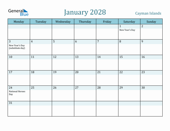 January 2028 Calendar with Holidays