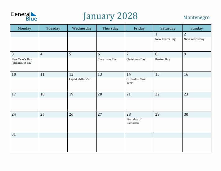 January 2028 Calendar with Holidays