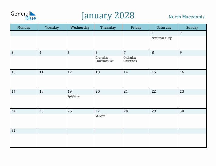 January 2028 Calendar with Holidays