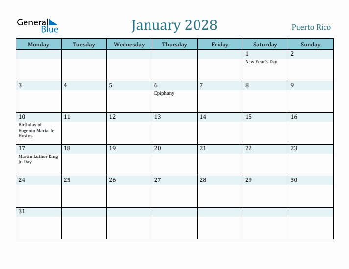 January 2028 Calendar with Holidays