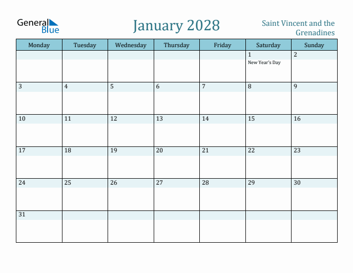 January 2028 Calendar with Holidays
