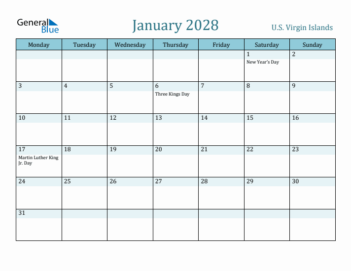 January 2028 Calendar with Holidays