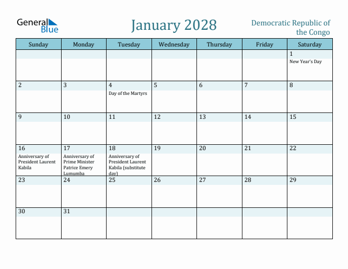 January 2028 Calendar with Holidays