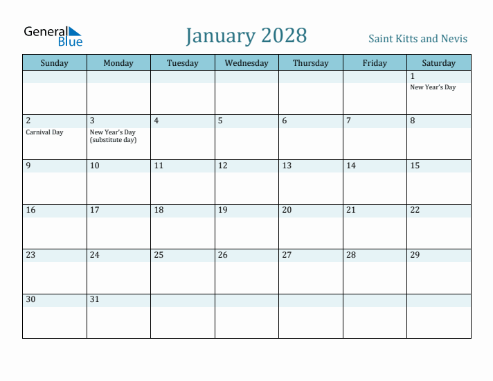 January 2028 Calendar with Holidays