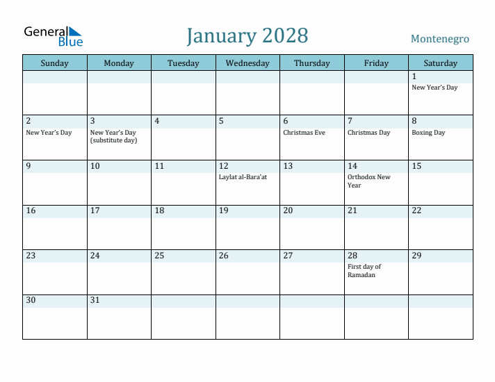January 2028 Calendar with Holidays