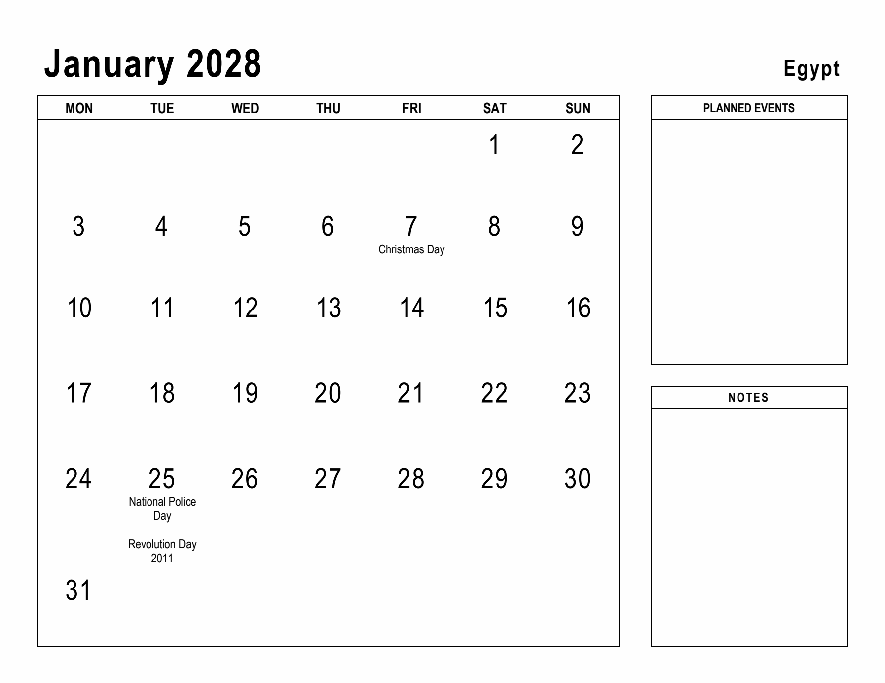 January 2028 Printable Monthly Calendar with Egypt Holidays