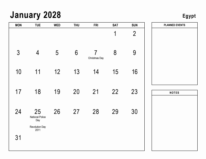 January 2028 Printable Monthly Calendar with Egypt Holidays