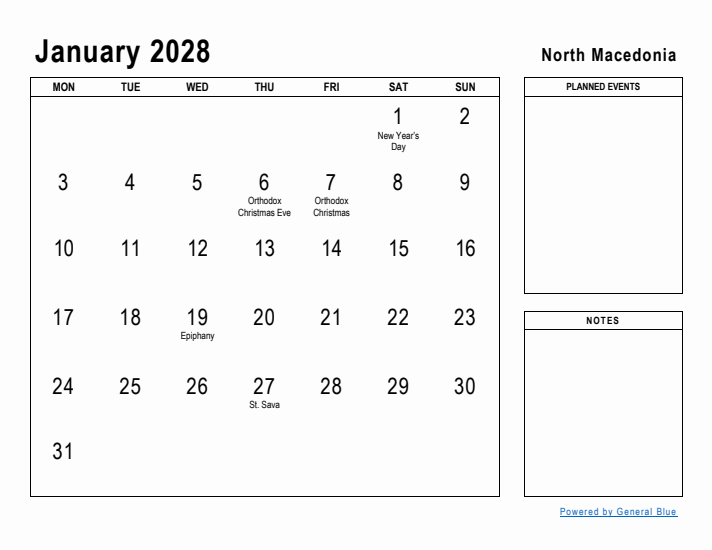 January 2028 Printable Monthly Calendar with North Macedonia Holidays