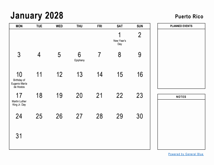 January 2028 Printable Monthly Calendar with Puerto Rico Holidays